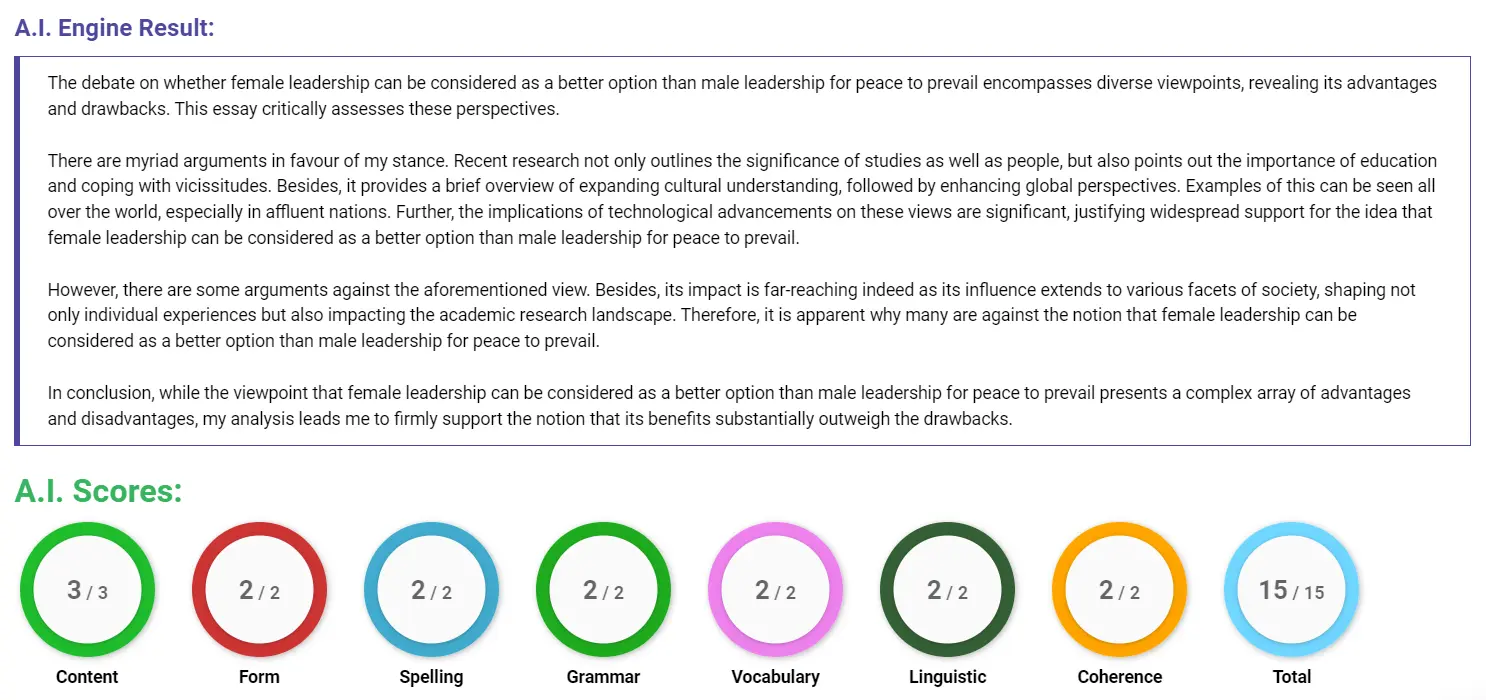 AI assessment screenshot for Female Leadership and Peace in History