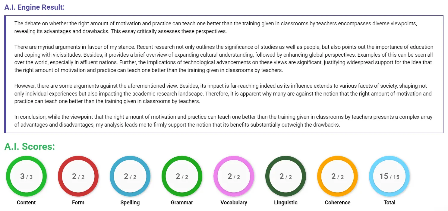 AI assessment screenshot for Motivation and Practice vs Classroom Training