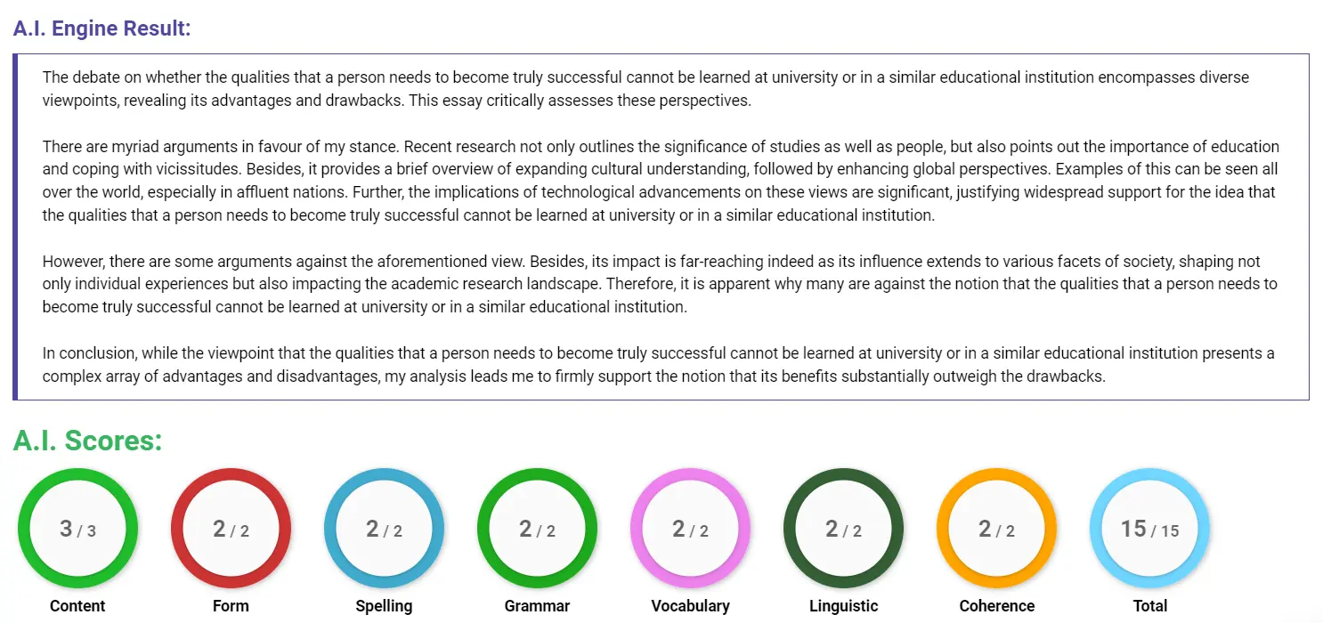 AI assessment screenshot for Success Beyond Education