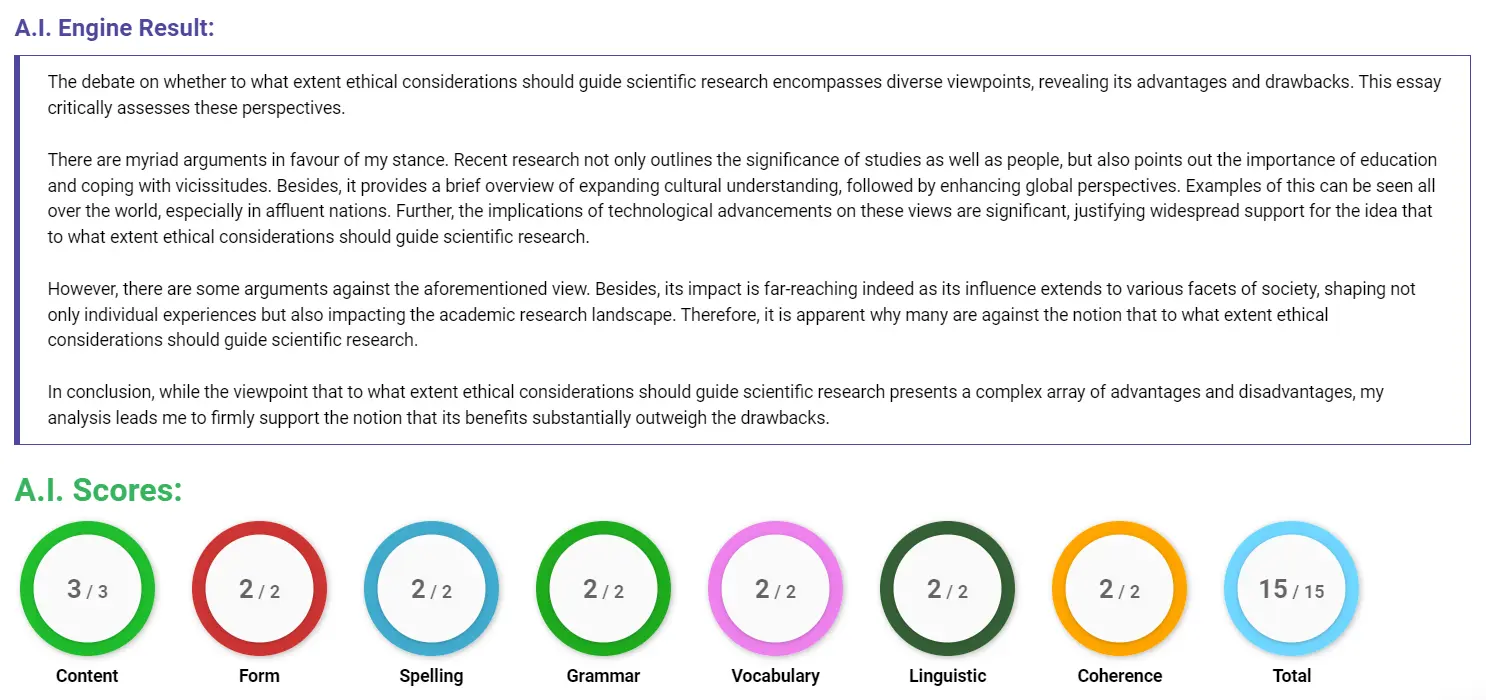 AI assessment screenshot for Should Ethics Guide Scientific Research?