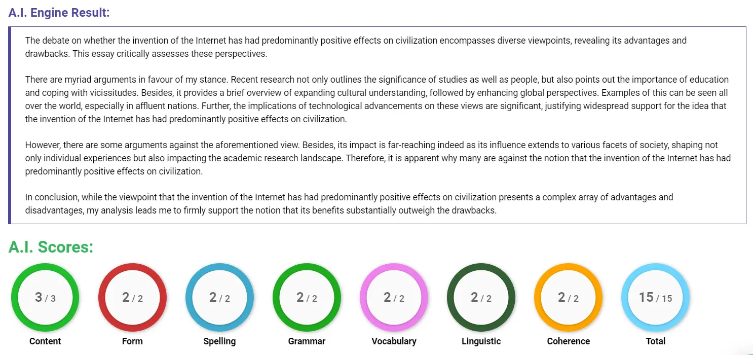 AI assessment screenshot for Negative Effects of the Internet on Society