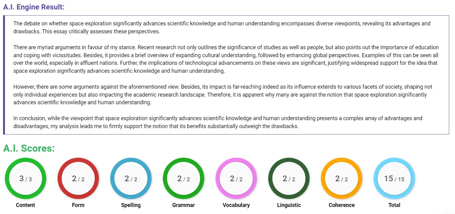 AI assessment screenshot for Impact of Space Exploration on Science and Knowledge