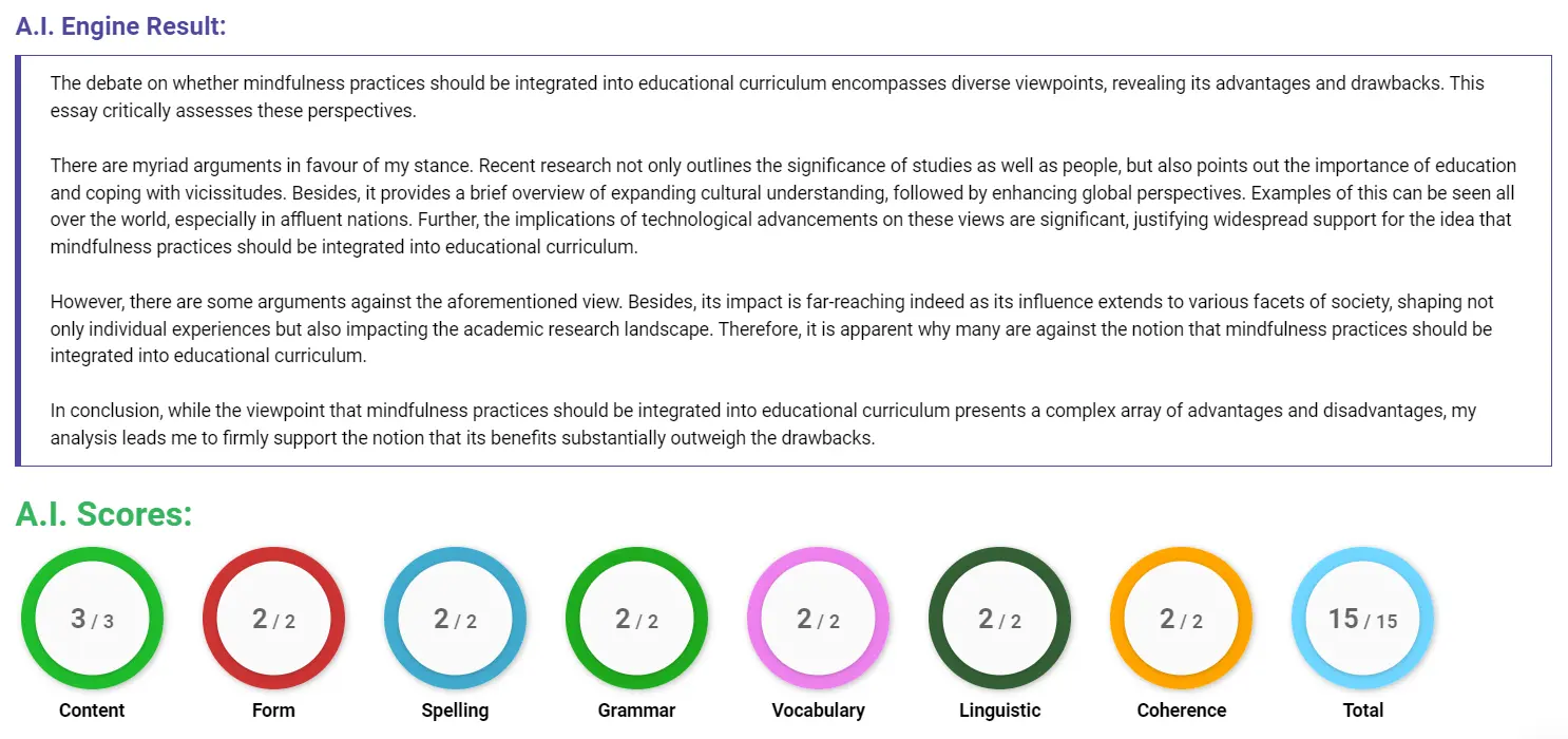 AI assessment screenshot for Integrating Mindfulness in Education