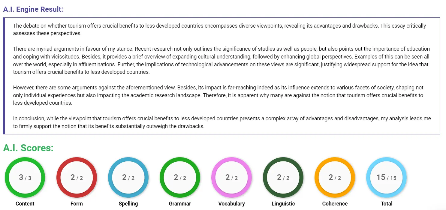 AI assessment screenshot for Tourism: Advantages and Disadvantages in Developing Countries