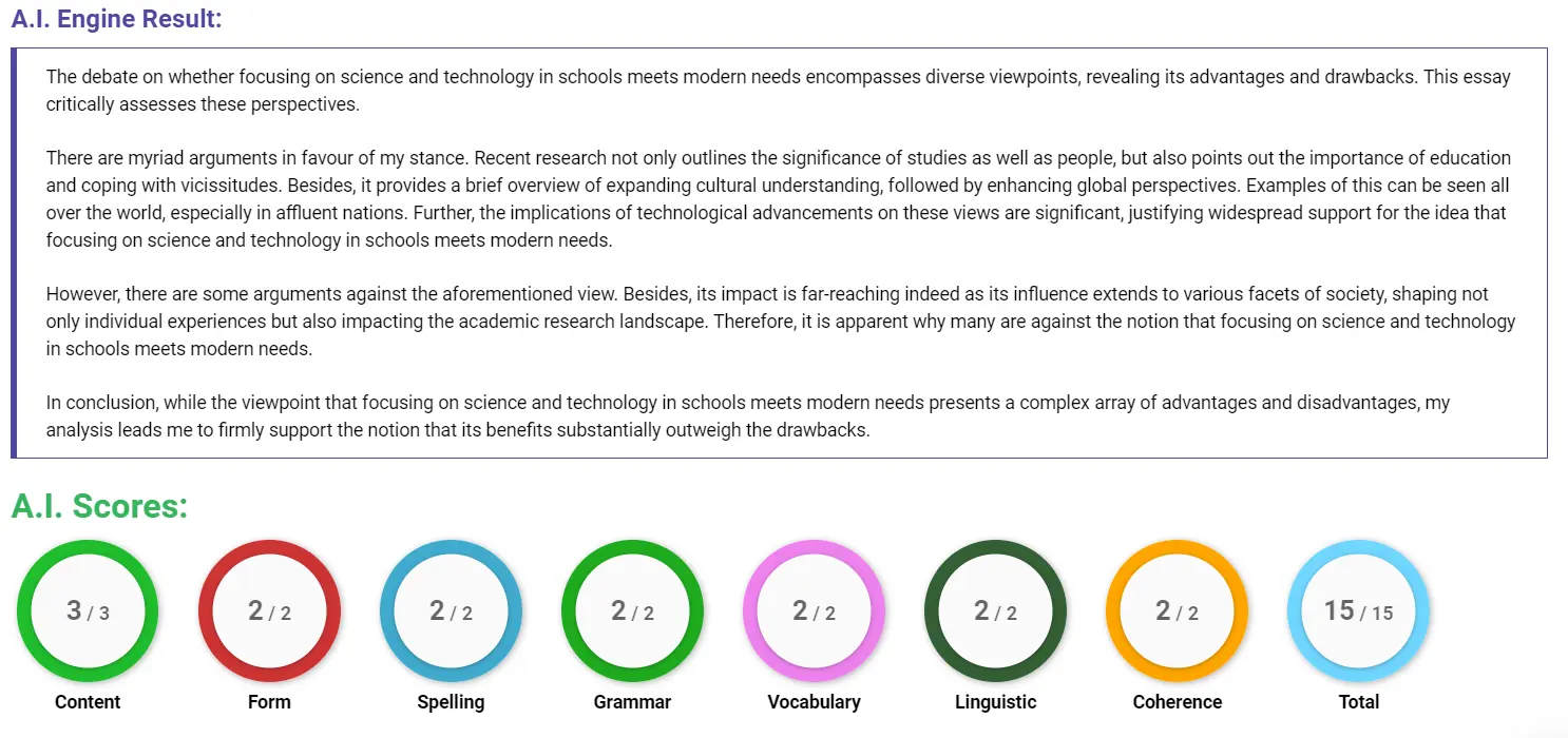 AI assessment screenshot for Should Schools Focus on Science Over Arts?