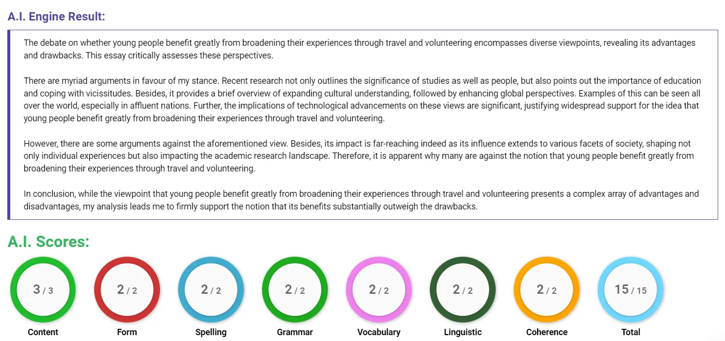 AI assessment screenshot for Study and Work vs. Experience and Travel