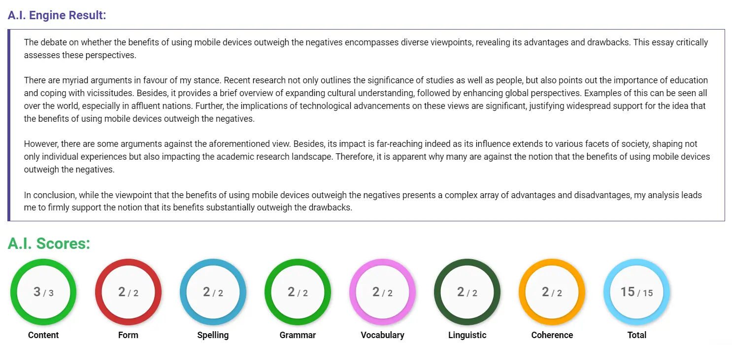 AI assessment screenshot for Negative Impacts of Mobile Device Use