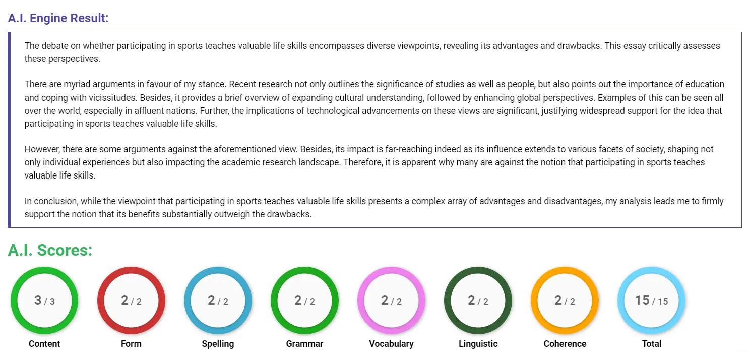 AI assessment screenshot for Benefits of Participating in Sports