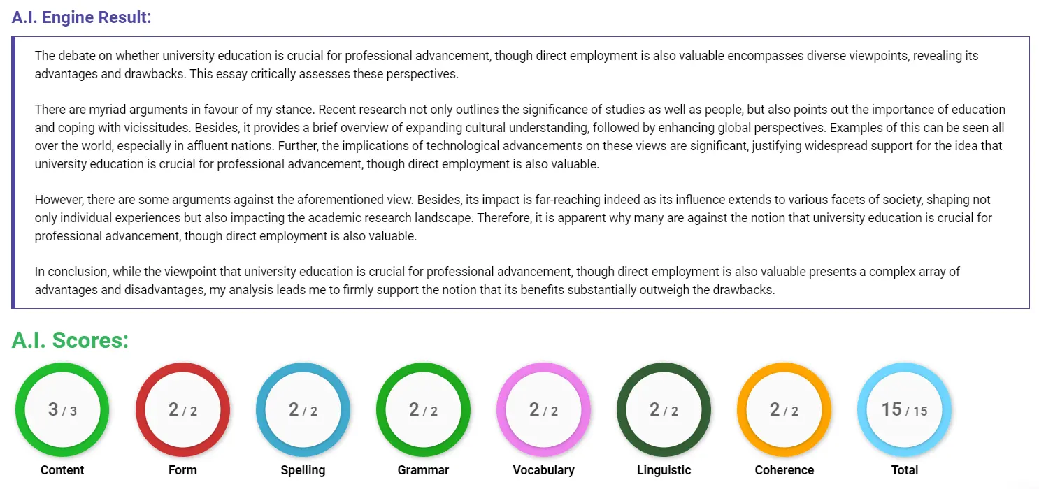 AI assessment screenshot for Job vs. University after School