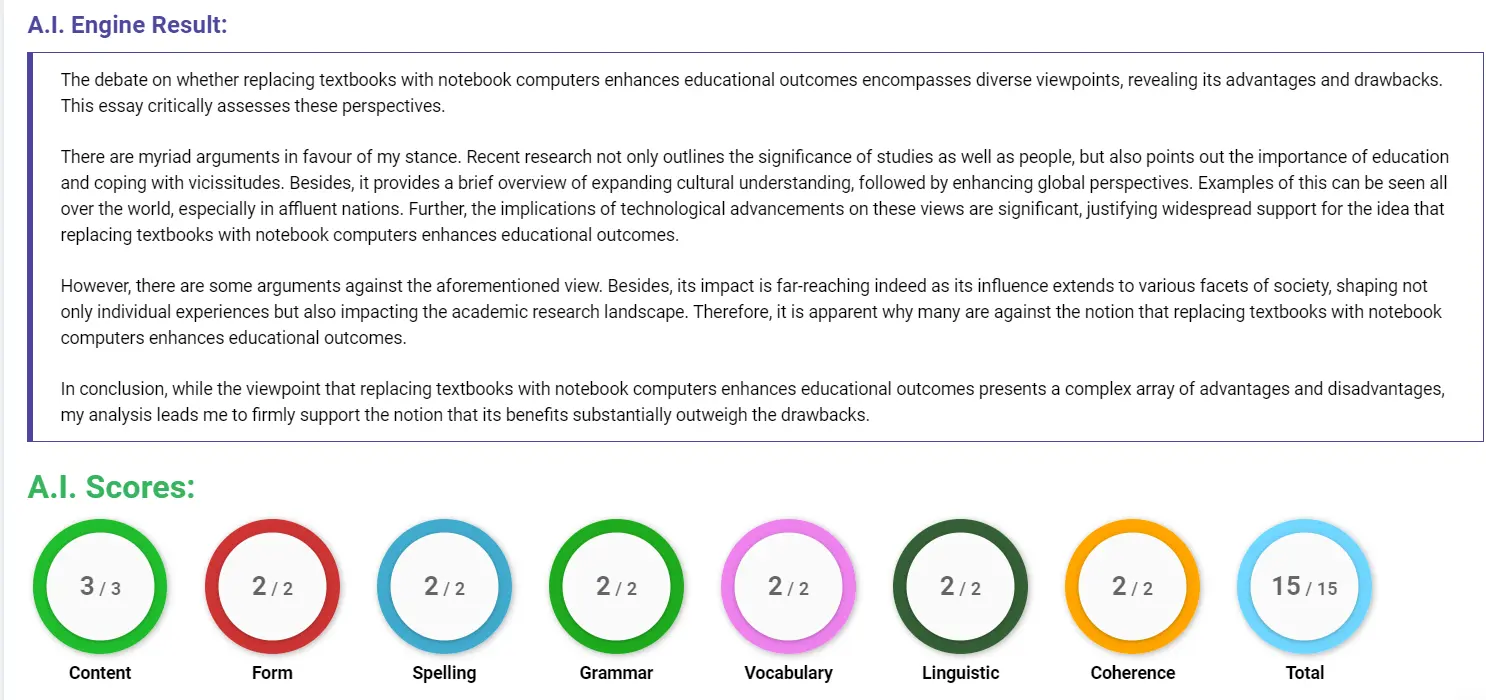 AI assessment screenshot for Textbooks vs. Notebook Computers in Schools