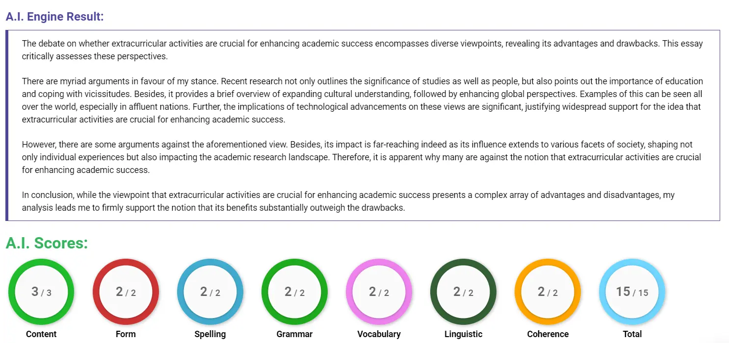 AI assessment screenshot for Importance of Extra-Curricular Activities for Students