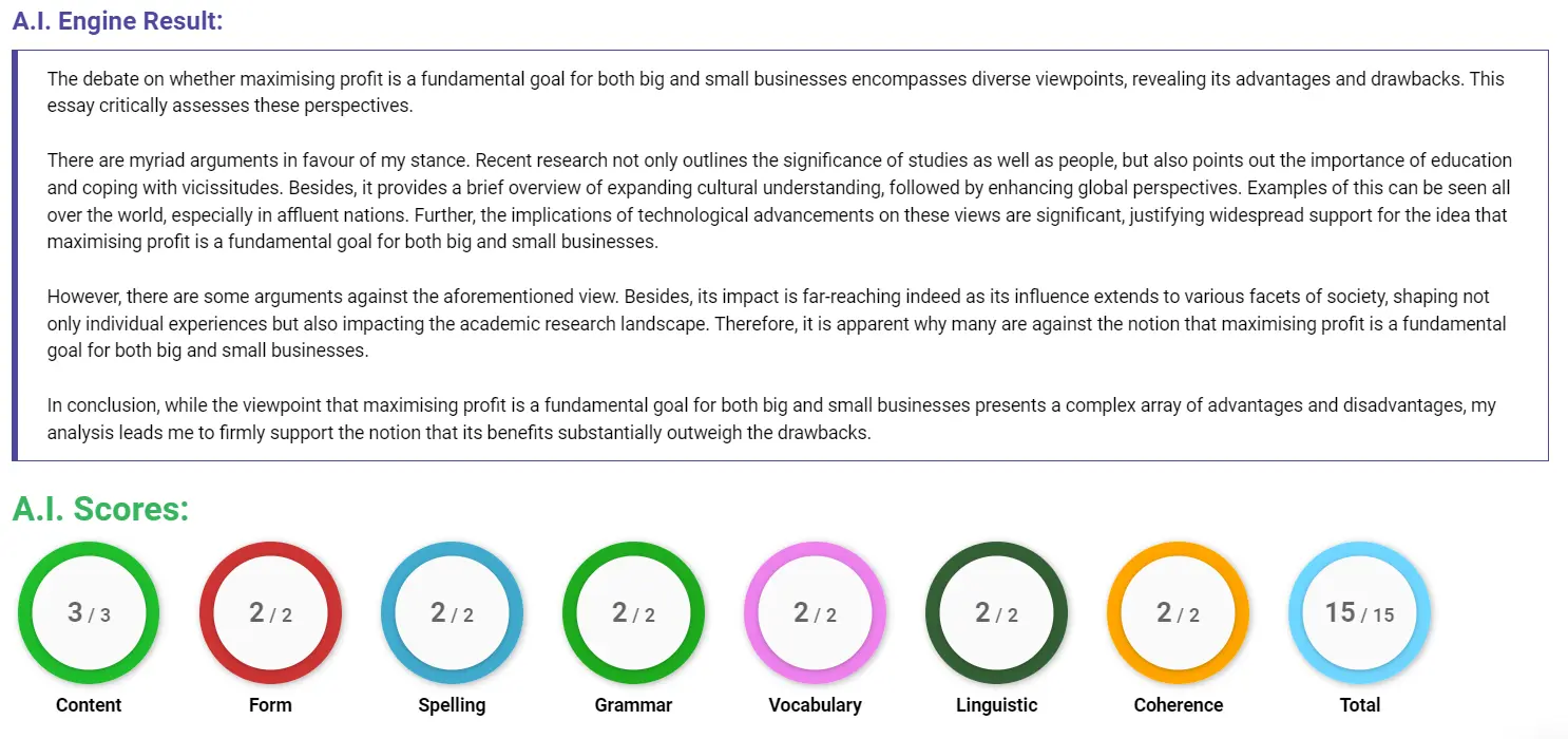 AI assessment screenshot for Should Businesses Always Aim to Maximise Profit?