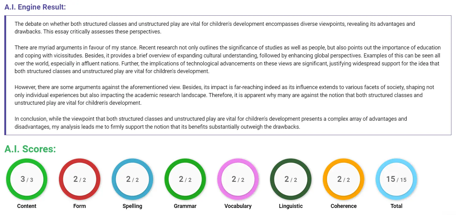 AI assessment screenshot for Extra Classes or Playtime for Children?