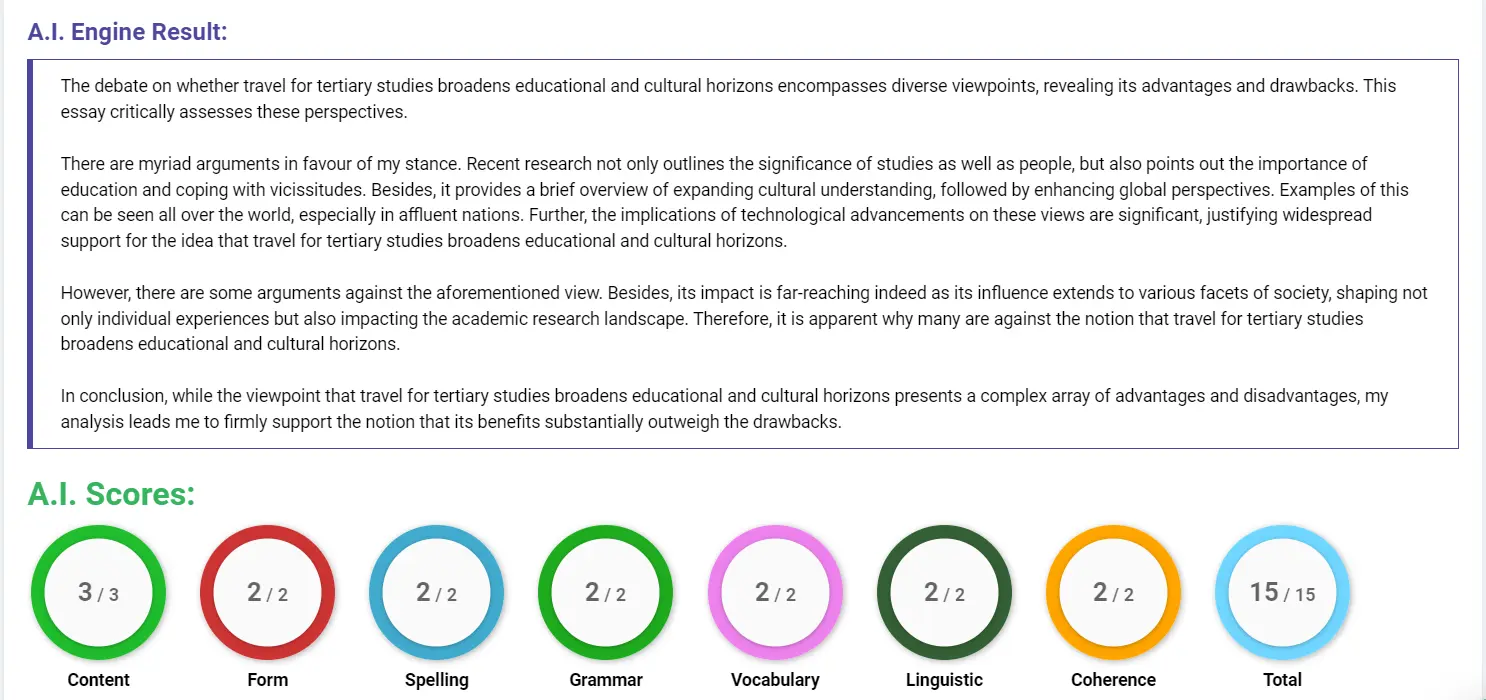 AI assessment screenshot for Is Travel Necessary for Tertiary Studies?