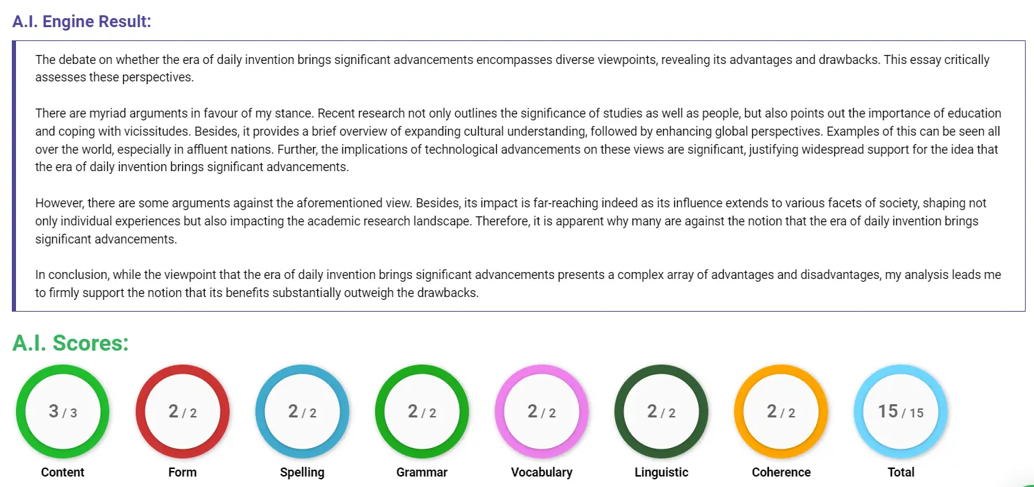 AI assessment screenshot for Benefits and Drawbacks of Daily Inventions
