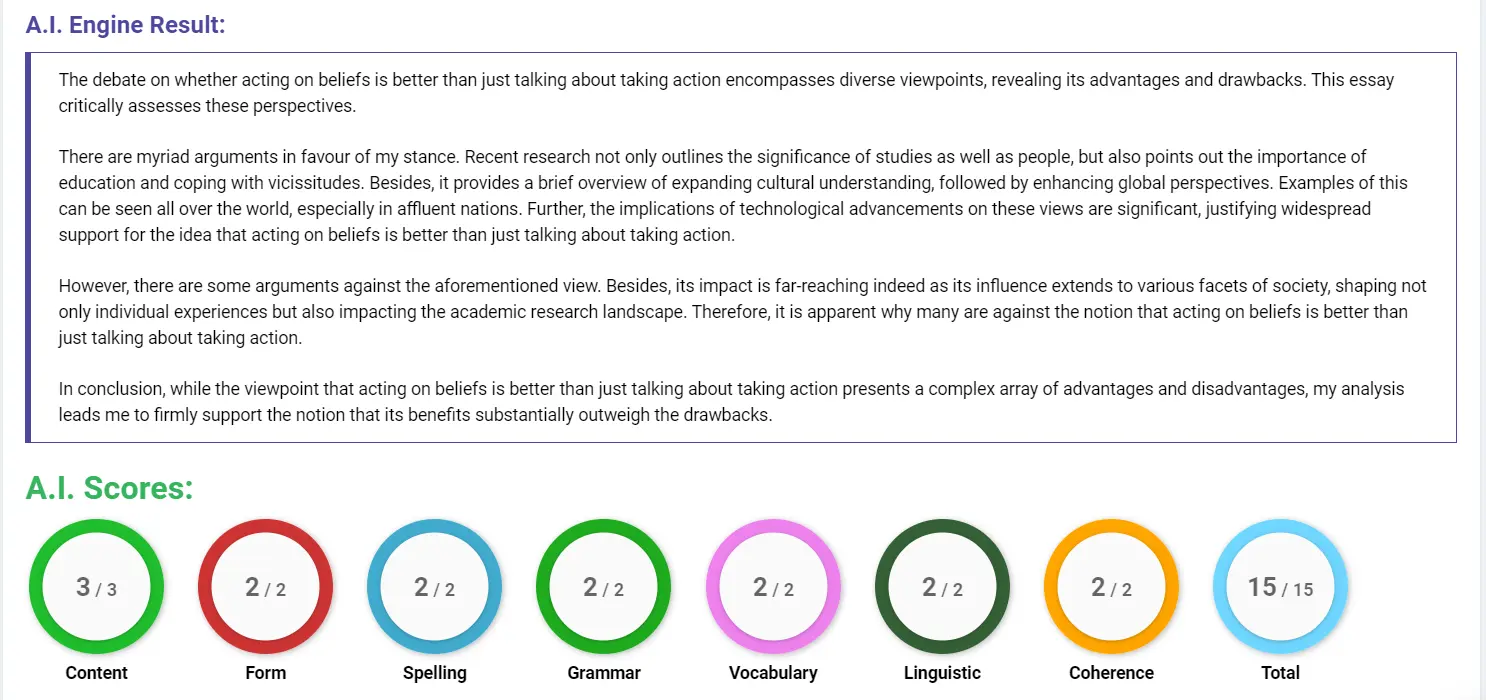 AI assessment screenshot for Acting on Beliefs vs. Just Talking