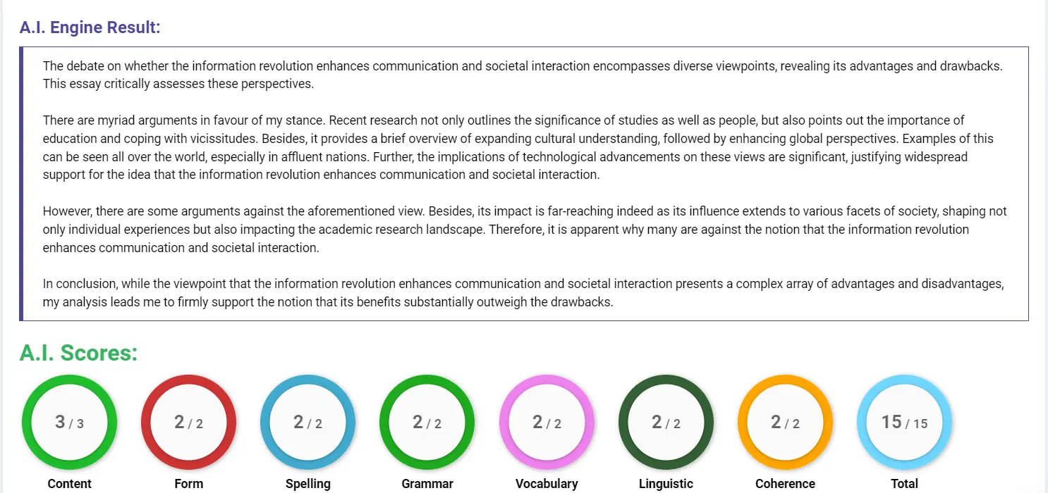AI assessment screenshot for Impact of the Information Revolution on Communication