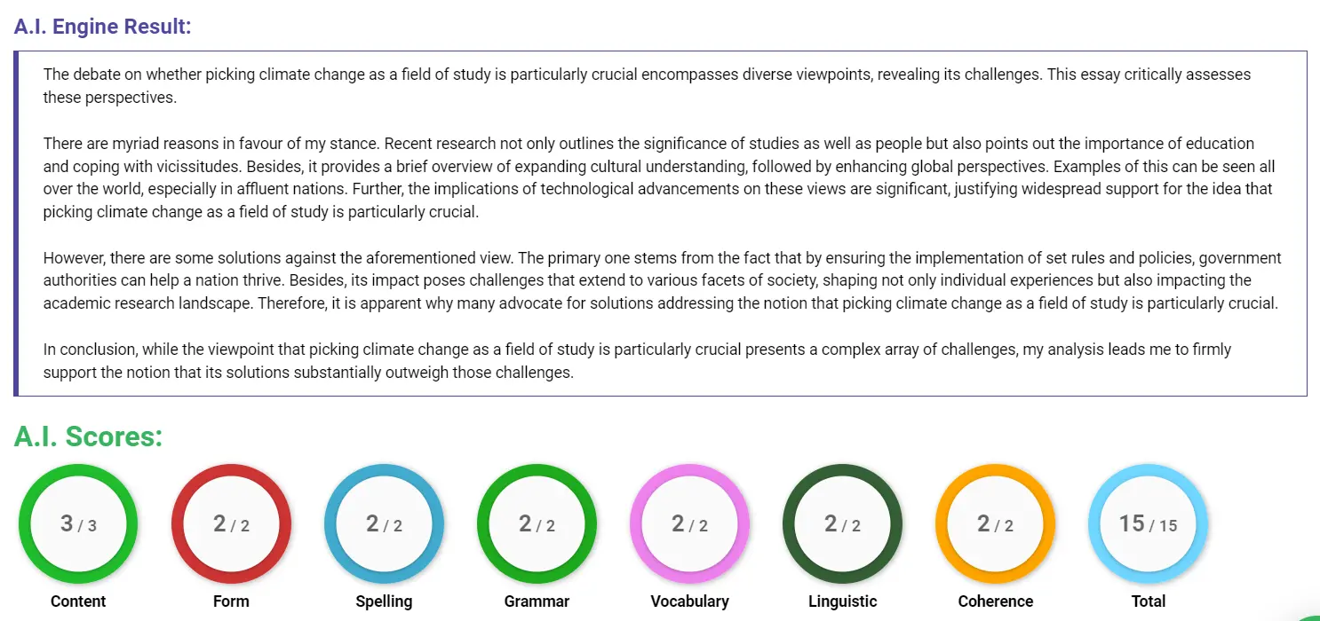 AI assessment screenshot for Preferred Area of Study in Climate