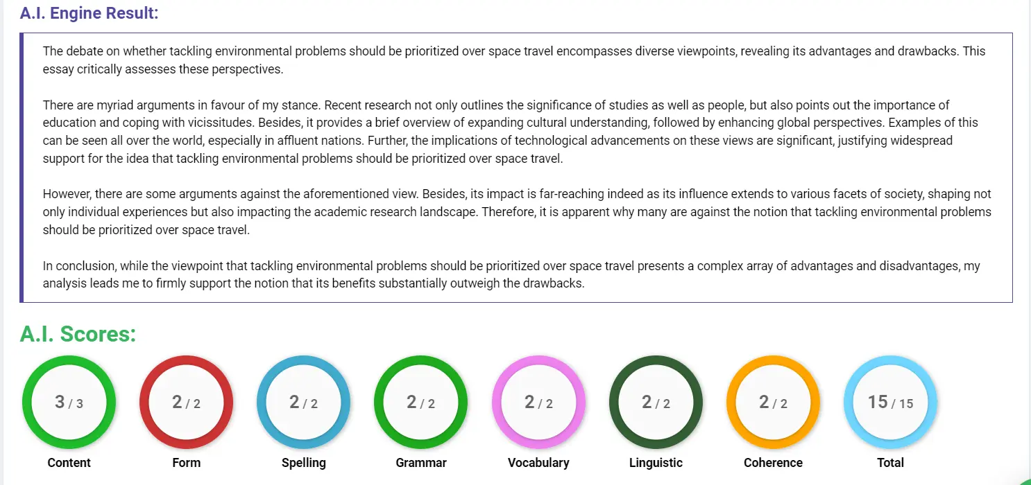 AI assessment screenshot for Space Travel vs. Environmental Issues on Earth