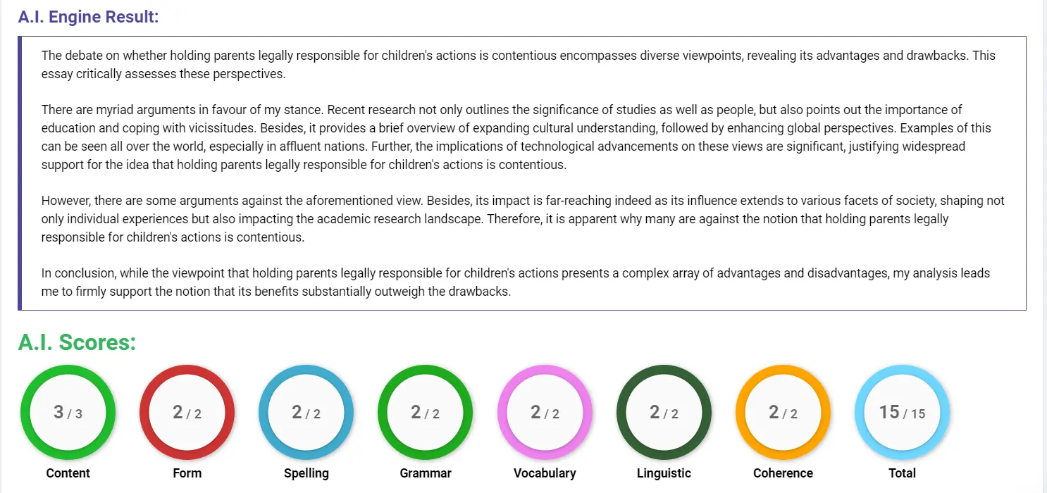 AI assessment screenshot for Should Parents Be Responsible for Their Children's Actions?