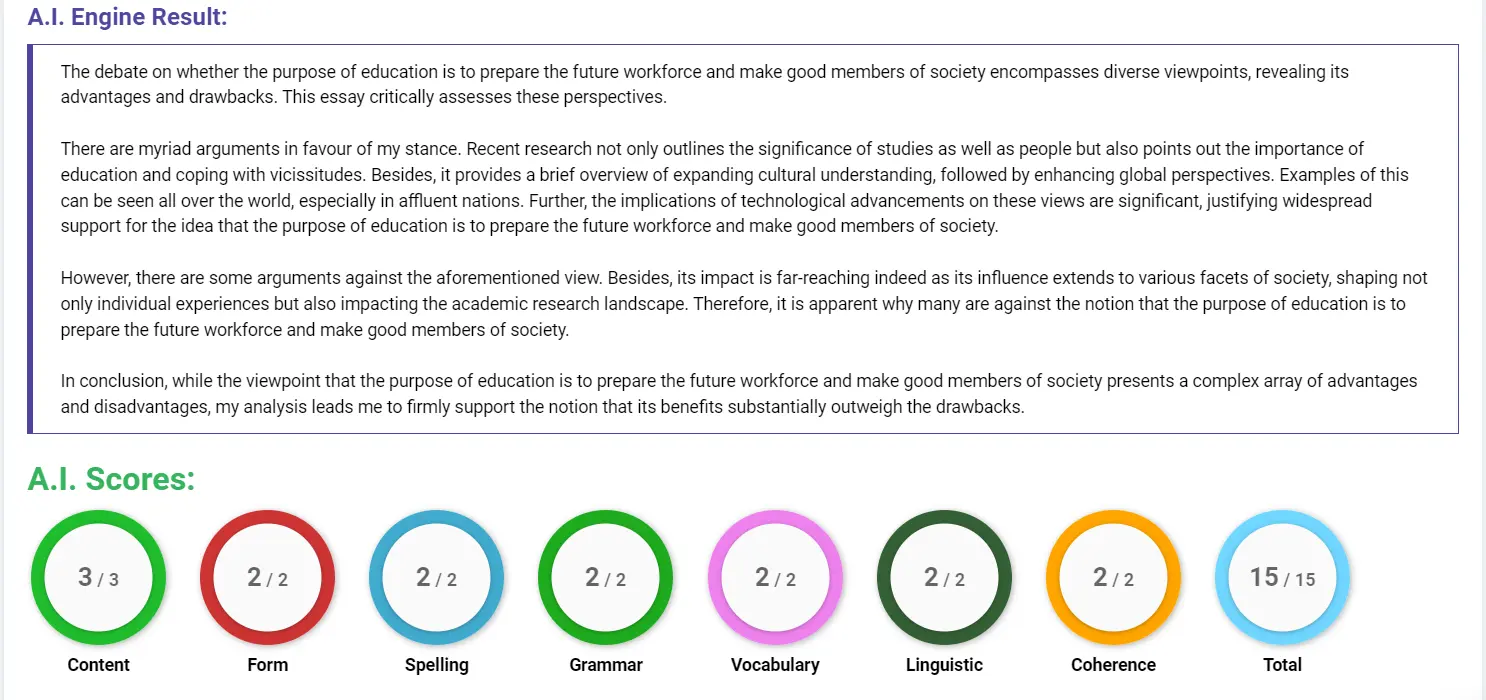AI assessment screenshot for Purpose of Education: Workforce or Self-Fulfilment?