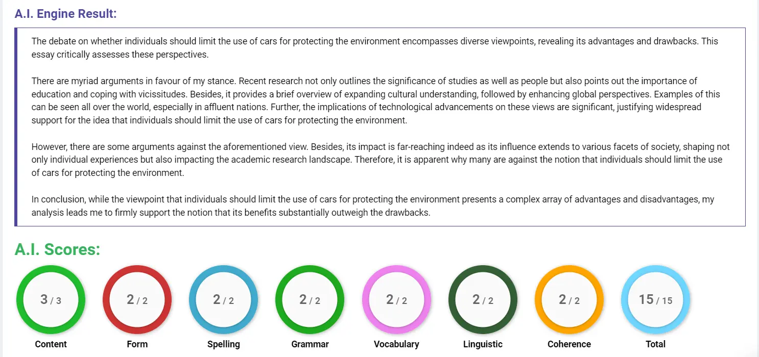 AI assessment screenshot for Limiting Car Use for Environmental Protection