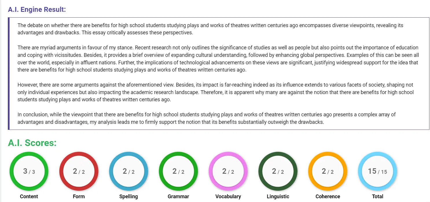 AI assessment screenshot for Studying Old Plays in High School: Pros and Cons