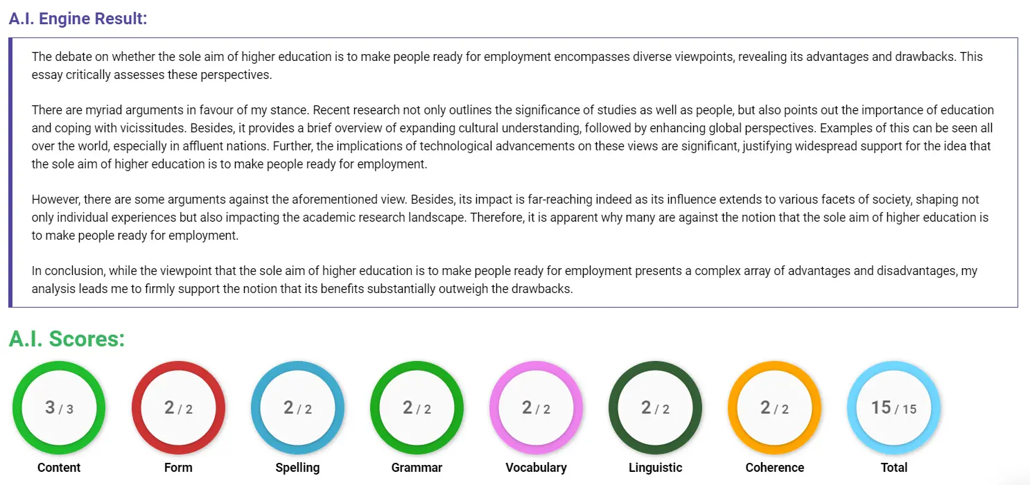 AI assessment screenshot for Aim of Higher Education: Job Ready or Overall Growth?