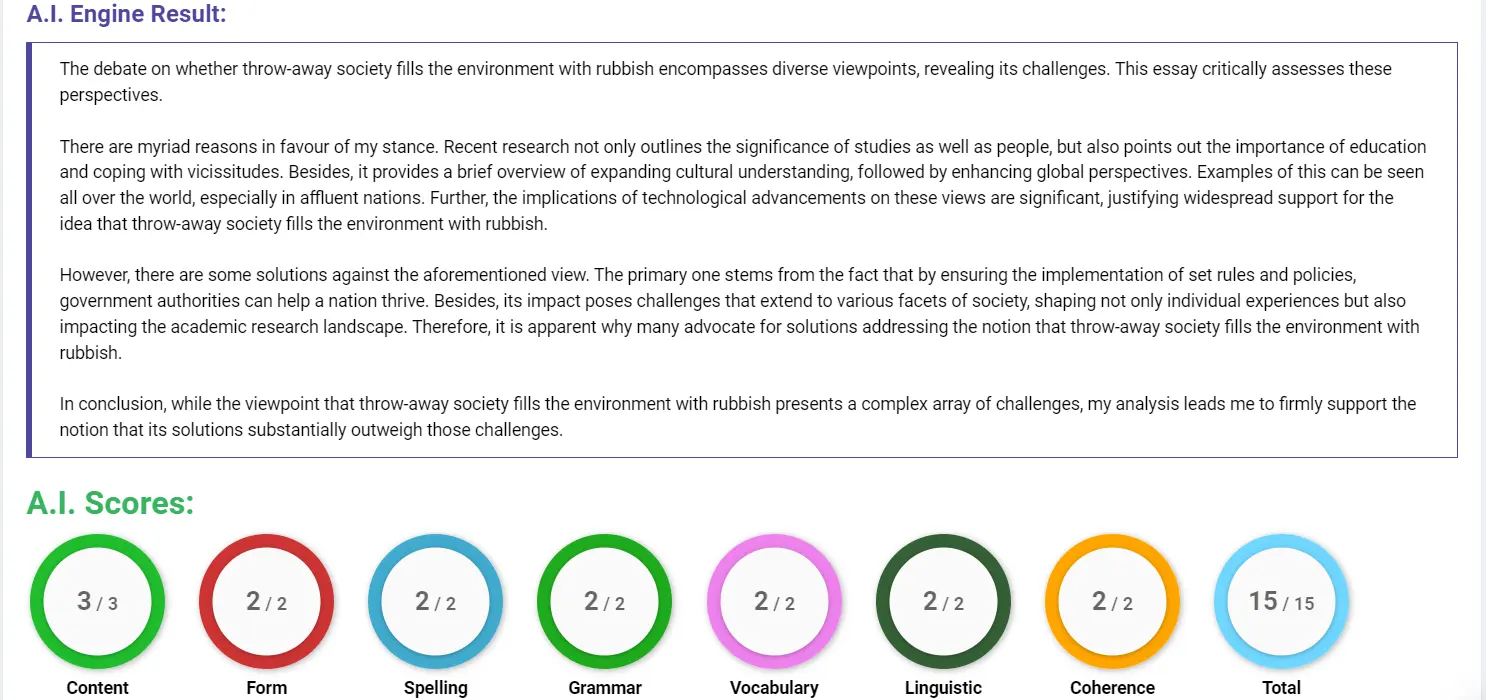 AI assessment screenshot for Causes of a Throw-Away Society