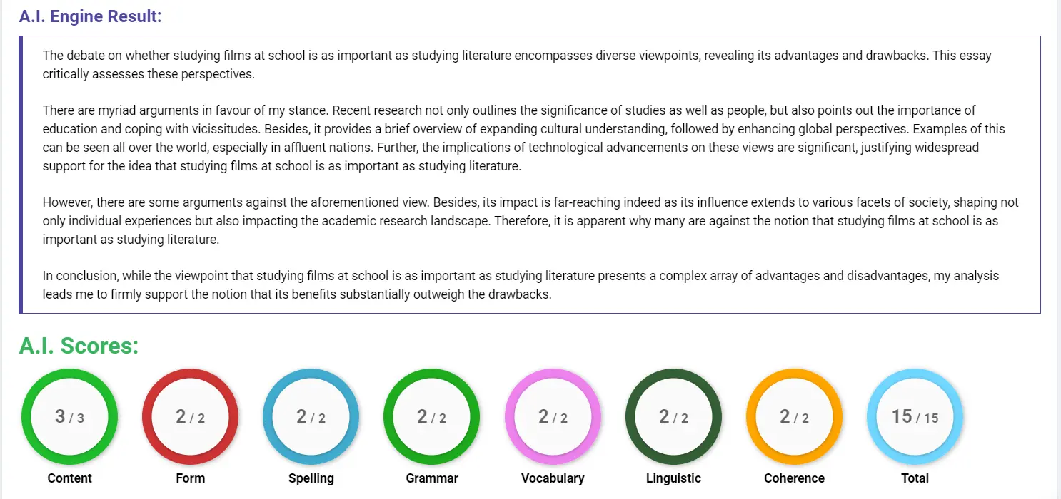 AI assessment screenshot for Studying Films vs. Literature in School