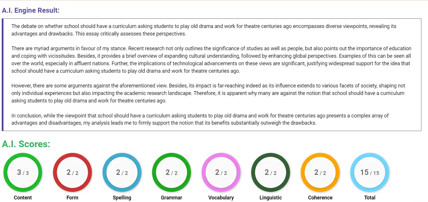 AI assessment screenshot for Should Schools Teach Old Theatre Drama?