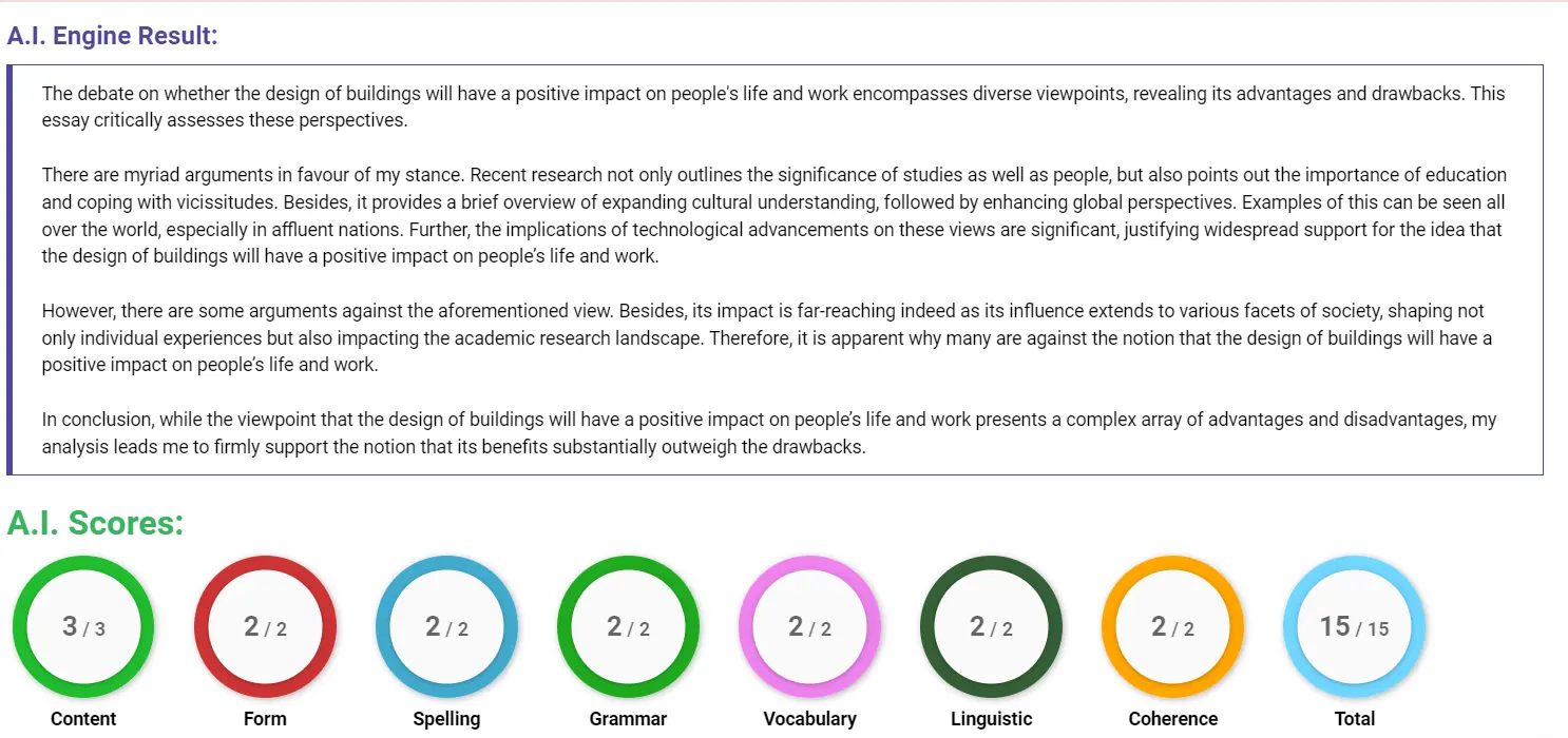 AI assessment screenshot for Impact of Building Design on Life and Work