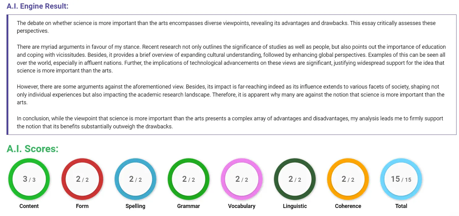 AI assessment screenshot for Science vs. Arts: Which is More Important?