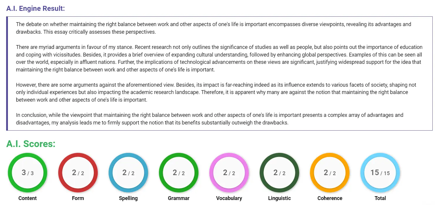 AI assessment screenshot for Finding Balance Between Work and Life
