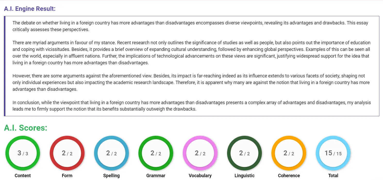 AI assessment screenshot for Living in a Foreign Country: Pros and Cons