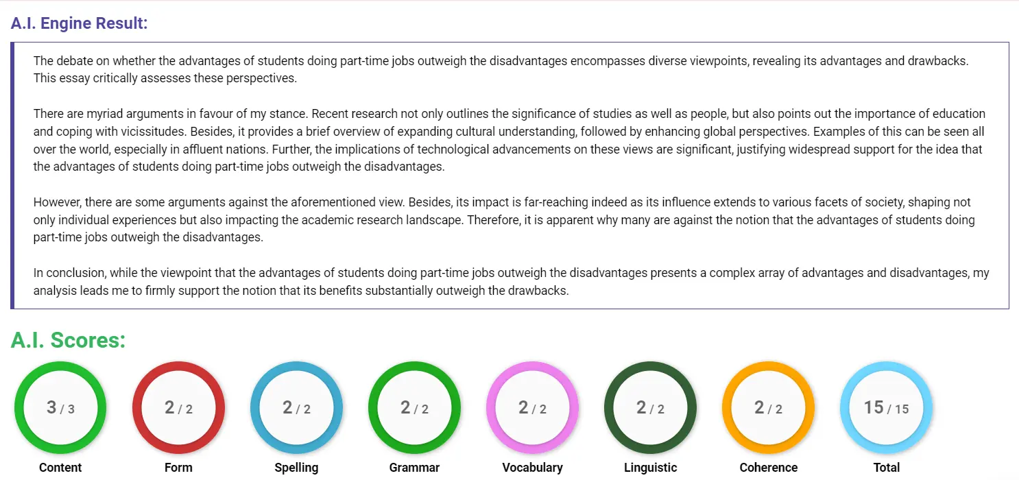 AI assessment screenshot for Part-time Jobs for Students: Pros and Cons