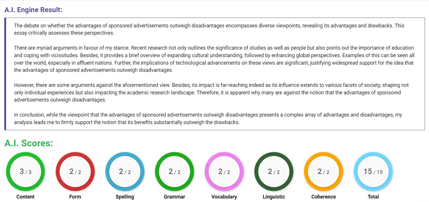 AI assessment screenshot for Sponsored Advertisements: Pros and Cons