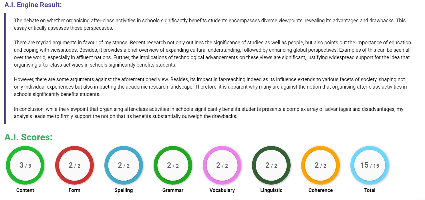 AI assessment screenshot for Should Schools Organise After-Class Activities?