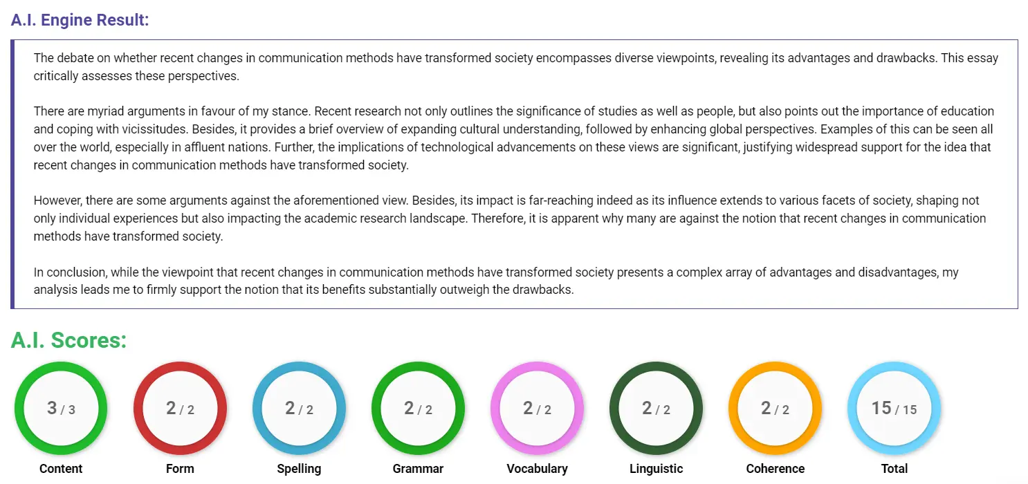 AI assessment screenshot for Effects of Changing Communication Methods in Society
