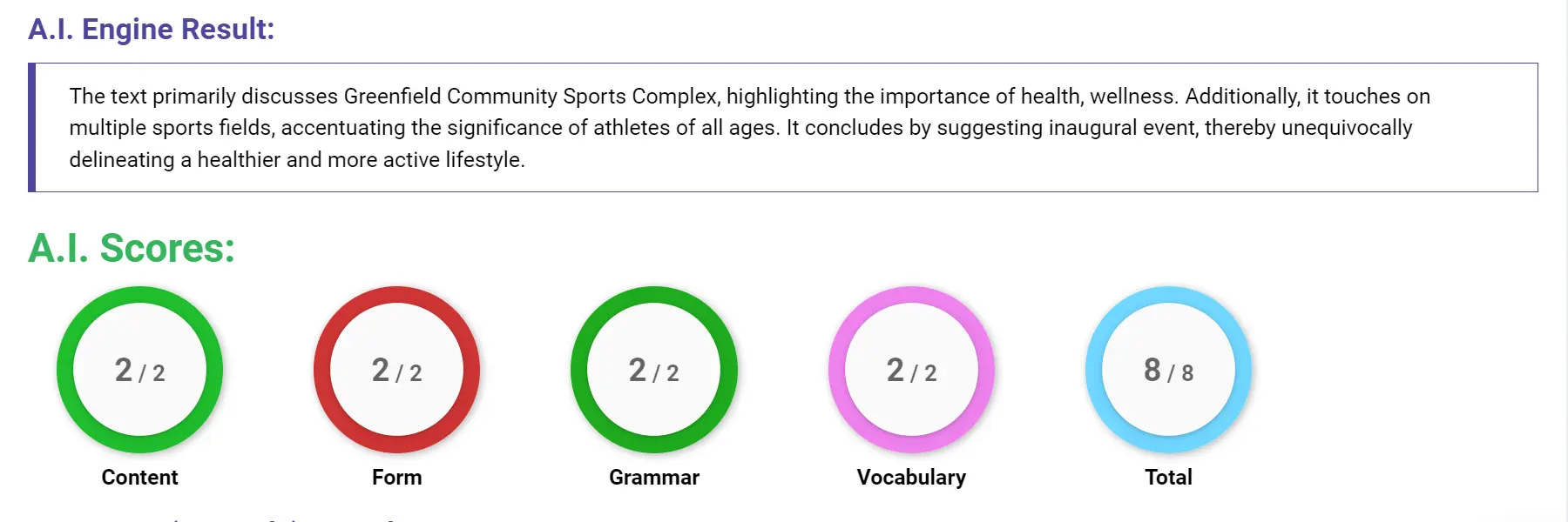 AI assessment screenshot for Greenfield Community Sports Complex Opening Announcement
